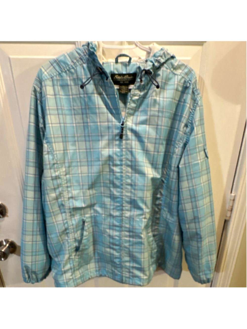 Eddie Bauer Womens Blue/White Plaid Hooded Lined Full Zip Jacket 2XL